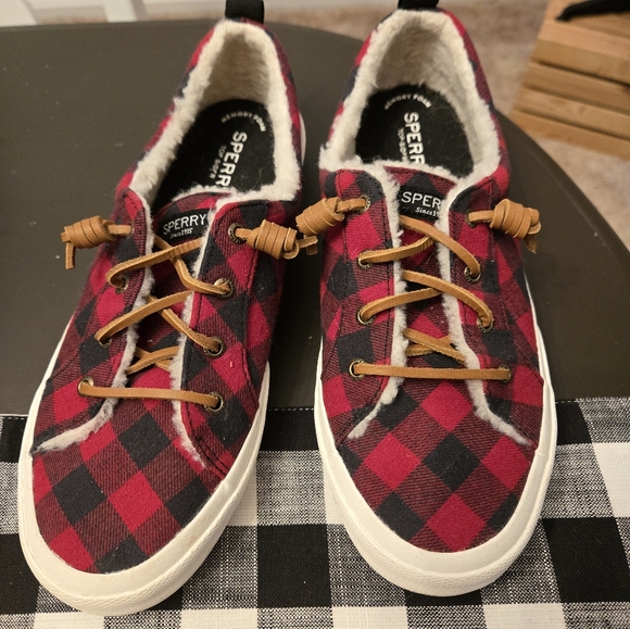 Sperry Top Sider 9.5 Pier Wave Canvas Red Black Check Sneakers Deck Shoes - Picture 1 of 6